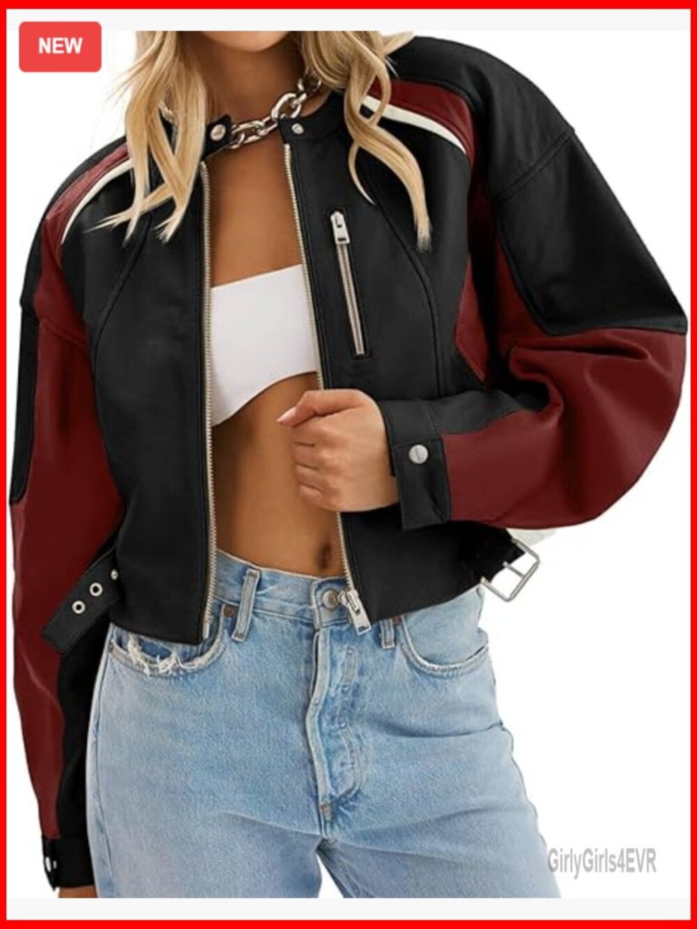 Cropped Faux Leather Bomber Jacket Color Block Moto Biker Coat Zip Up